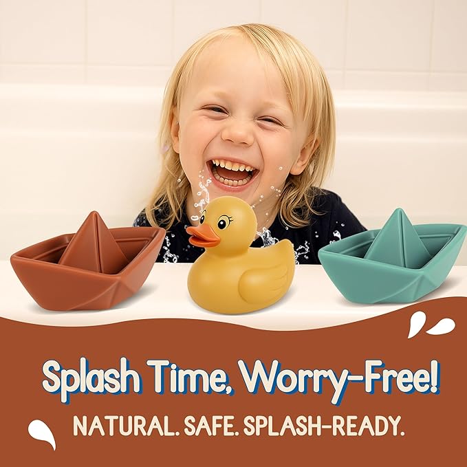 Bath Toys for Toddlers 1-3, Soft & Textured Montessori Baby Toys 6-12 Months, Floating Boat & Spraying Duck Bathtub Set, Sensory Water Play for Boys & Girls