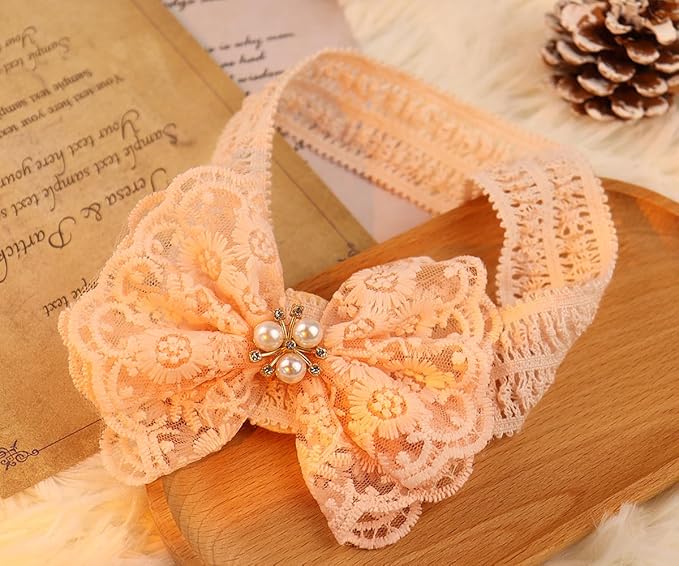 Lace Flower Bow-knot Baby Girls Headband Birthday Infant Wrap Elastic Baby Turban Hairband for Newborn Infant Toddler Kids (Pink pearl)