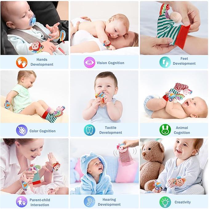 Infant Rattle Toys 0 to 3 Years, Baby Wrist Rattle Foot Finder Socks Set, Birthday Holiday Present for Newborn Boy Girl 0/3/4/6/7/8/9/12/18/24/36 Months Kids Toddler, Gift Box Package (4A-Pink)