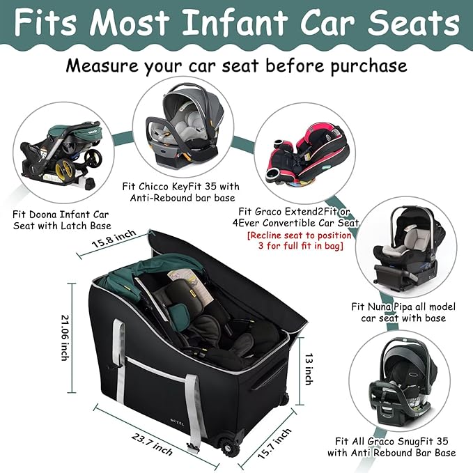 SCTEL Infant Car Seat Travel Bag Backpack for Airplane, Fits Doona Car Seat Stroller and Base, Padded Carseat Cover for Air Travel, Nuna Pipa Car Seat Travel Bag with Wheels