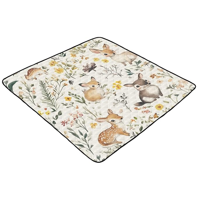 Baby Play Mat Vintage Woodland Animals Wildflowers 50 x 50 Playpen Mats for Floor Play Gym Crawling Mat Non-Slip Cushioned Baby Playmat for Infants, Babies, Toddlers