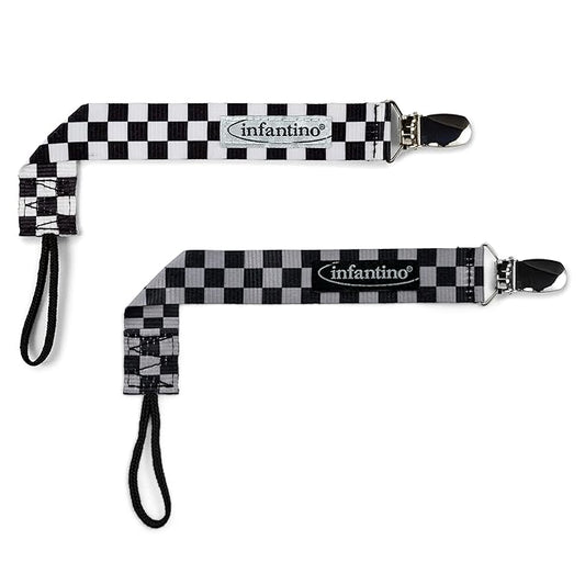BooginHead by Infantino PaciGrip 2-Pack Pacifier Clips – Universal Fit, Gentle on Clothes, Keeps Pacifiers Clean & Close, Ages 0-36 Months, Black, Grey and White Skater