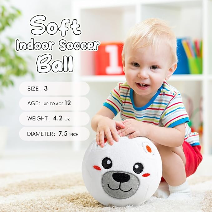 VangeBow Silent Indoor Soccer Balls for Toddlers 1-3, Inflatable Soft Plush Baby Toddler Soccer Ball Toys Gifts for 1 2 3 4 5 Year Old Boy Girl First Birthday Gift (Polar Bear, Pump Include)