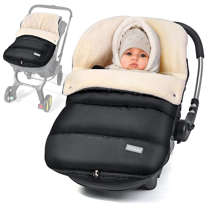 Orzbow Winter Baby Car Seat Cover, Universal Car Seat Bunting Bag for Babies with Adjustable Zipper, Removable Car Seat & Stroller Footmuff to be Blanket, Carseat Cover with Warm Berber Fleece, Black