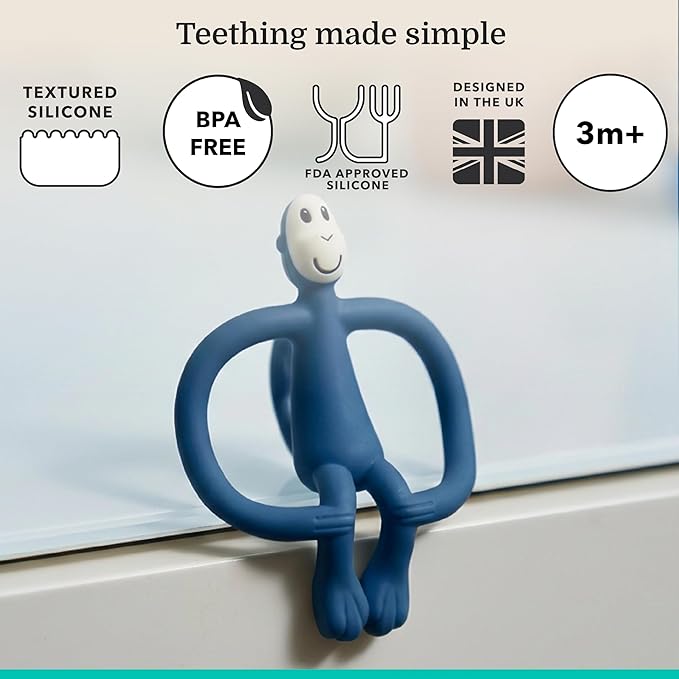 Matchstick Monkey Original Teether & Gel Applicator – Silicone Baby Teether, Easy-to-Grip, BPA-Free, Supports Self-Soothing & Early Brushing, 3 Months+, 4 Inches, Airforce Blue