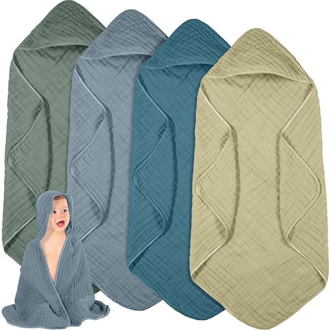 Peryiter 4 Pcs Muslin Hooded Baby Towels 32 x 32 Inch Cotton Newborn Bath Essentials Muslin Infant Blankets Absorbent Registry Gifts for Girl Boy Kids Baby Shower (Green Series)