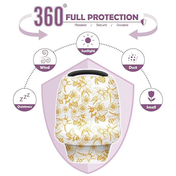Baby Car Seat Stroller Covers Honey Bee Queen Collect Nectar Nursing Cover Breastfeeding Scarf Soft Breathable Stretchy Infant Car Canopy Coverage Carseat Cover for Boys and Girls Multi Use