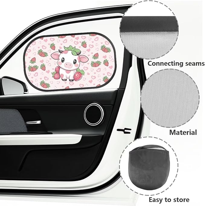 Bulopur 2 Pack Car Window Shades for Side Window UV Protection Cow Print Strawberry Sun Protection and Sun Shade Blocker Car Shades Back Windows Baby Auto Interior Accessories