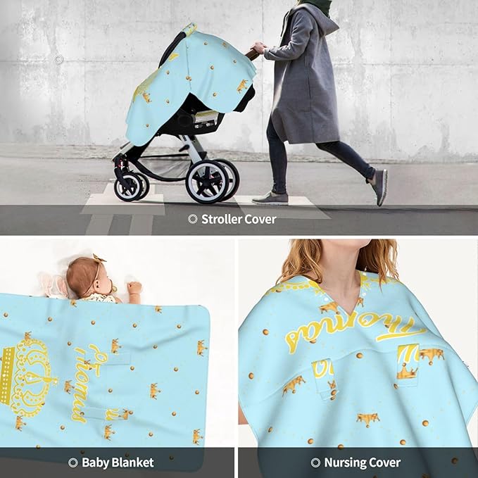 Personalized Baby Car Seat Canopy for Babies, Custom Name Prince Car Seat Covers for Baby Boys Girls, Opening Minky Nursing Breastfeeding Cover for Infant, Carseat Canopies for Newborn