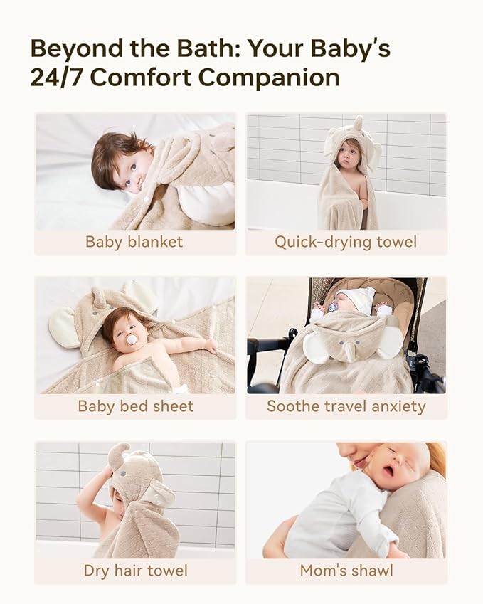 Hooded Baby Towels Super Absorbent Baby Bath Towel for Winter– Extra Large 49”x31” – Ultra Soft Coral Fleece for Newborns, Infants & Toddlers – Cute Elephant Design – Quick-Drying