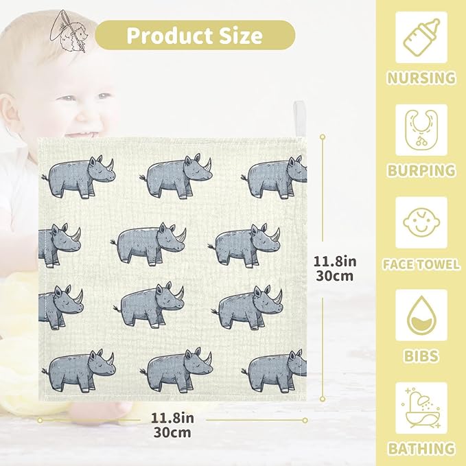 vvfelixl Cartoon Rhino Stick Figure Baby Burp Cloths Baby Muslin Washcloths for Boys Girls Cotton Babys Face Towel for Newborn Infants Soft and Absorbent 11.8 X 11.8 in, 5 Pack