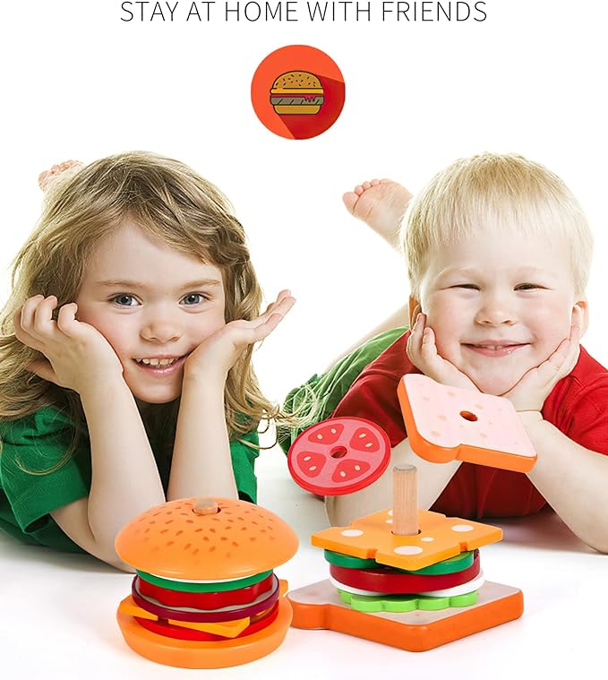 Wooden Burger Sandwich Stacking Toys for Kids, Montessori Toys for Toddlers & Preschoolers, Develops Fine Motor Skills