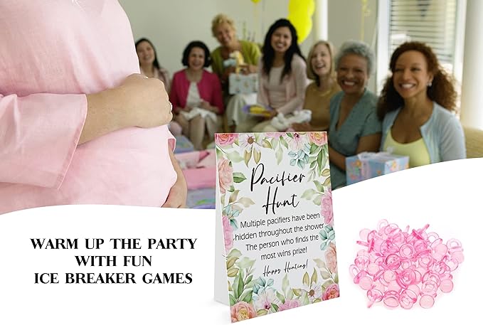 Baby Pacifier Hunt Baby Shower Games, Gender Reveal Game, Flower Theme 8×10 Sign and 50 Mini Acrylic Pacifier, Favorite Adults Kids Games for Baby Shower Activities, Baby Shower Games for Girl BPH10
