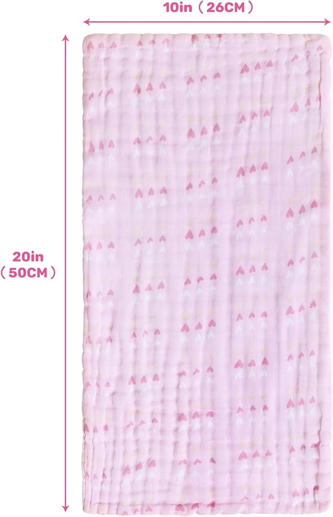 Viviland Baby Muslin Burp Cloths, Super Absorbent Washcloths for Baby Girl and Boy, 10 x 20 inches 6-Layer Baby Bath Towels, Pink Flowers & Hearts 4 Pack