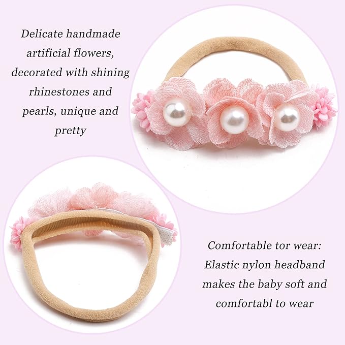 Baby Girl Flower Headband 6 PCS Elastic Hairbands Handmade Nylon Bows Headbands Chic Floral Hair Accessories Kids Gifts for Newborn Infant Toddlers