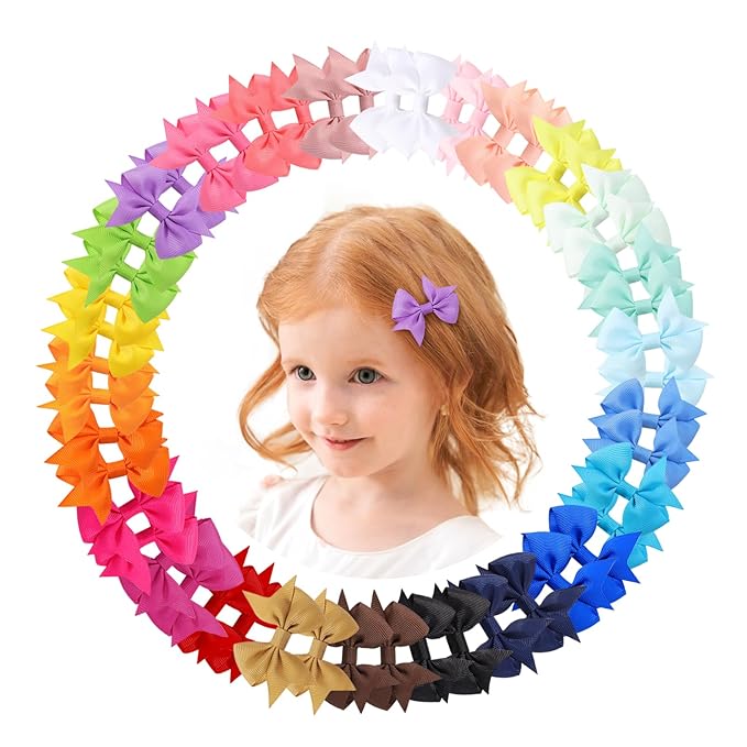 doboi 50PCS 2.5'' Baby Hair Clips Small Bows Fully Lined Grosgrain Boutique Solid Ribbon Small Bows for Girls Teens Infants Kids Toddlers Newborn (Bright colors)