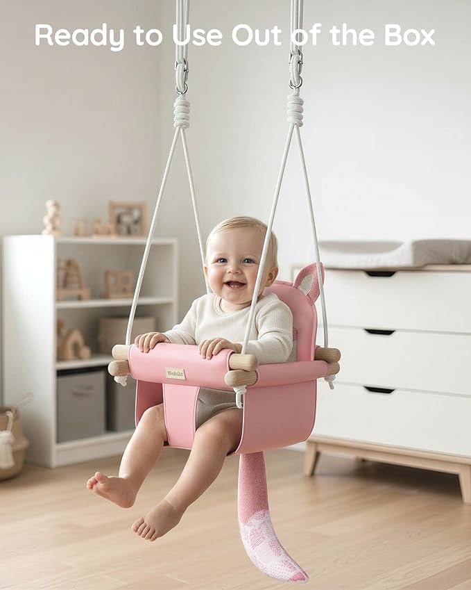 Wooden Baby Swing with Safety Belt - Adjustable Infant & Toddler Swings for Indoor/Outdoor Use, Includes Mounting Hardware (Fox Design, Pink)
