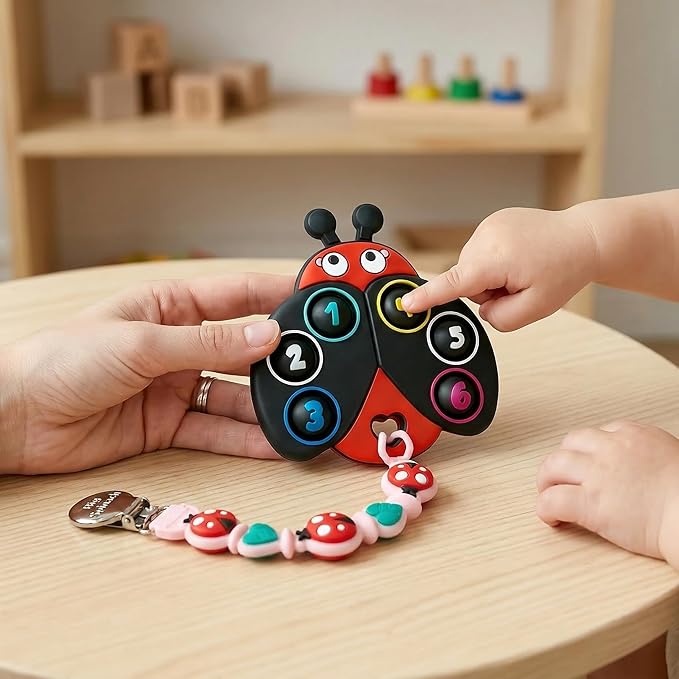 BIGSPINACH Teething Toy & Pacifier Clip Set,Ladybug Pop-It Teether & Pacifier Hold,Multi-Textured Chew Toy with Number Buttons for Early Learning, Baby Teething Relief (Black+Pink)
