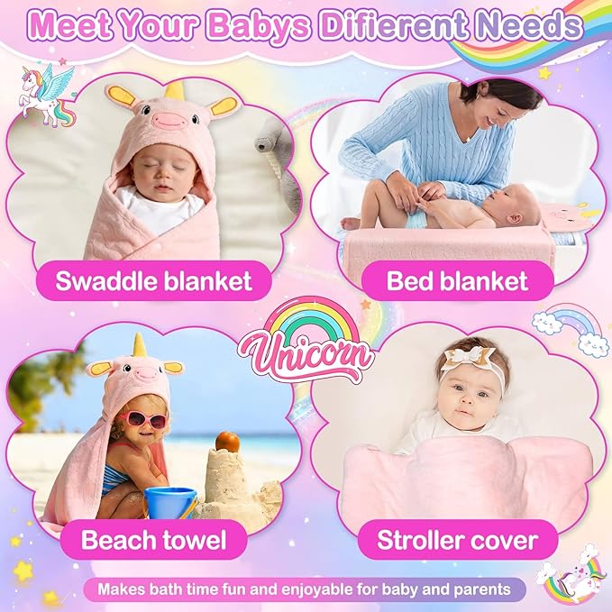 Flasoo 4 Pcs Toddler Towels Set, 1 Thick Toddler Bath Towel & 3 Washcloths, Large 55" x 27.5" Hooded Toddler Bath Towel, Hooded Towels Kids, Soft Toddler Towels with Hood 0-5 Years for Kid (Unicorn)