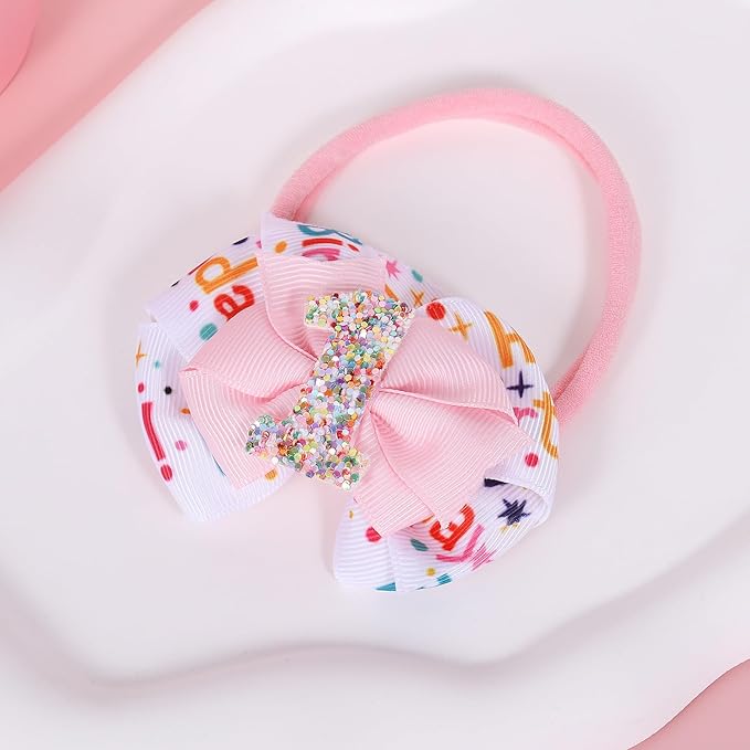 Glitter 1st Birthday Bow Headband for Baby Girls, Her First Birthday Pink Party Dress Photo Decoration Accessories, Cute one year old Princess Happy Birthdays Favor Gift