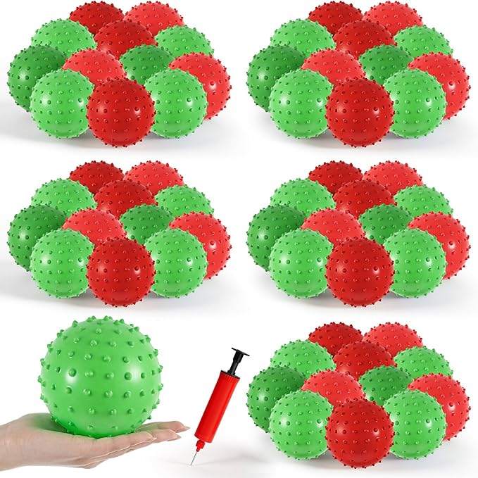 Junkin 100 Pack Knobby Balls Bulk 5.5" Soft Bouncy Ball Bulk for Toddlers Sensory Toy with Air Pump Plastic Inflatable Spiky Massage Stress Fidget Toy for Playground School Party Play