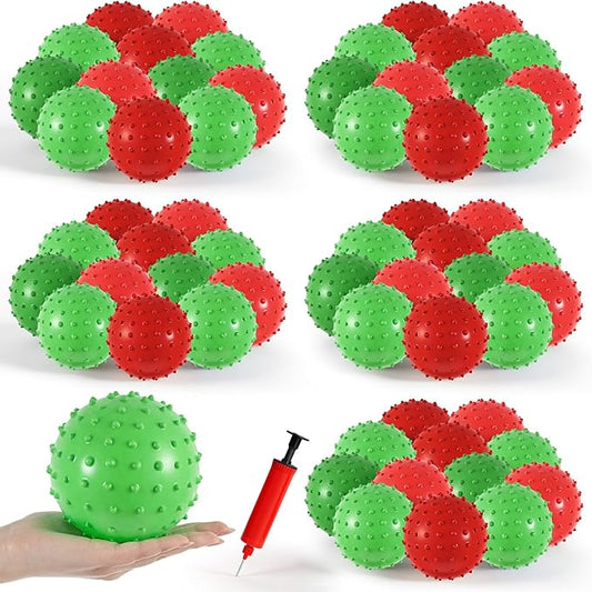 Junkin 100 Pack Knobby Balls Bulk 5.5" Soft Bouncy Ball Bulk for Toddlers Sensory Toy with Air Pump Plastic Inflatable Spiky Massage Stress Fidget Toy for Playground School Party Play