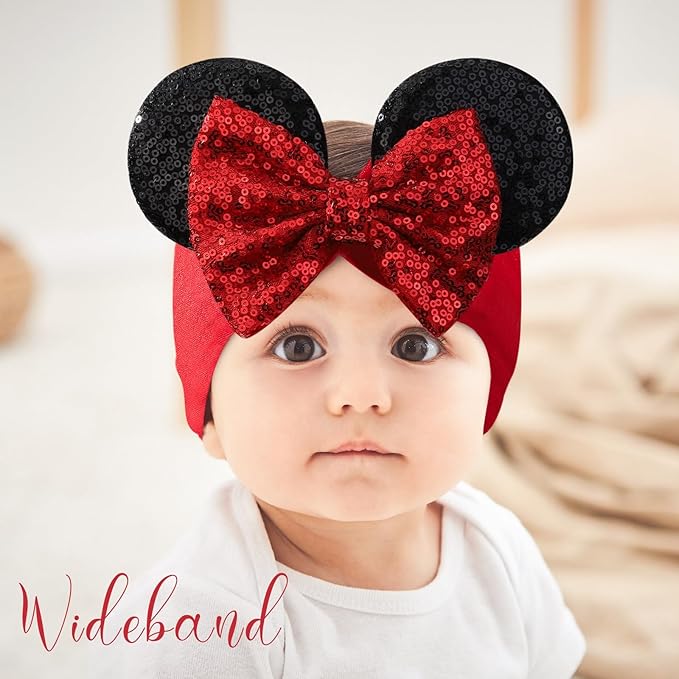 choicbaby Baby Girl Headbands Mouse Ears Headwrap with Sequin Polka Dot Bow Soft Stretchy Nylon Hair Bands for Newborn Infant Baby Toddler Girls- Pack of 4