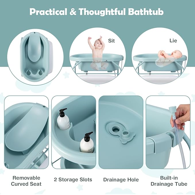 HONEY JOY 2-in-1 Baby Bathtub & Changing Table, Foldable Infant Diaper Changing Station with Wheels, Storage Tray, Waterproof Pad, Portable Newborn Nursery Organizer Bath Stand for Boys Girls (Blue)