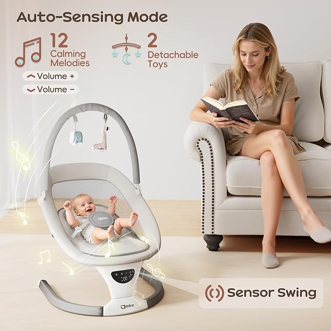 AMKE Electric Baby Rocker Swing for Infants, Extra-Large Mesh Seat, Portable 5-Speed Baby Rocking Chair with 3 Timers & 12 Lullabies, for Baby Boy Girl Shower Gifts, Lightweight for Outdoor Use