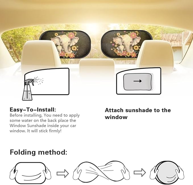 Bulopur Floral Elephant Window Shades 2 Pack Car Window Covers UV Protection Breathable Sun Shade Car Window Baby Cute Design for Most Vehicle, SUV, Truck, Cars