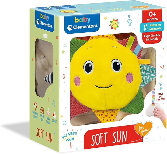 Clementoni - Carillon Soleil - Soft Sun - Musical Soft Toy - Development of Emotions - Moments of Relaxation - Soft Fabric - Easy to Hang - for Children from 0 Months, Yellow
