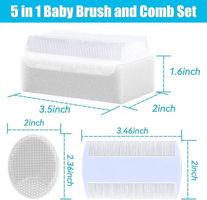 Cradle Cap Brush for Babies, 5Pcs Cradle Cap Treatment Set with Soft Bristle Brushes Silicone Scrubber Fine-Tooth Comb for Newborn Bathing Essentials Baby Brush and Comb Set (White)