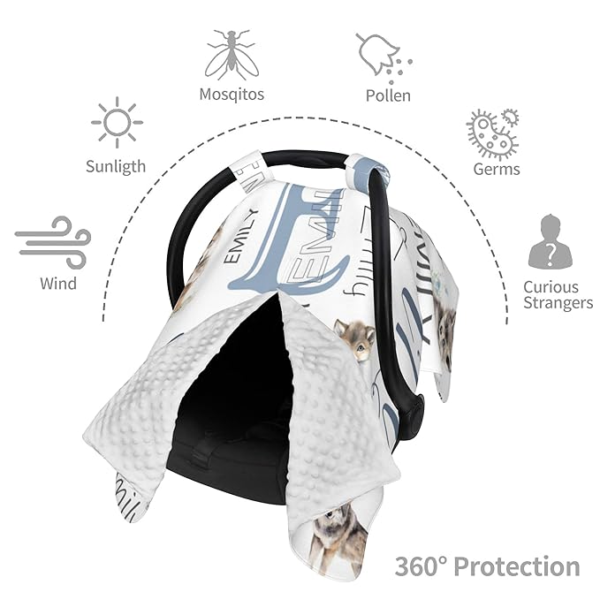 Personalized Baby Car Seat Cover Custom Name CarSeat Canopy Customized Wolf Newborn Nursing Breastfeeding Cover Minky Baby Blanket Infant Car Seat Canopies for Baby Girls Boys