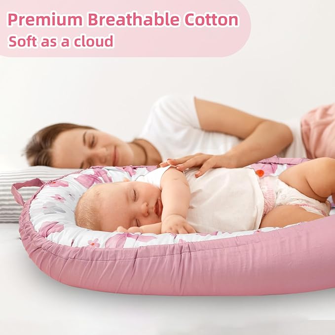 Hooyax Baby Lounger Cover Only, 100% Cotton Newborn Nest Cover, Soft Portable Baby Nest Replacement Cover for Boys Girls, Breathable Infant Lounger Covers, Baby Essential (Bow Flower)