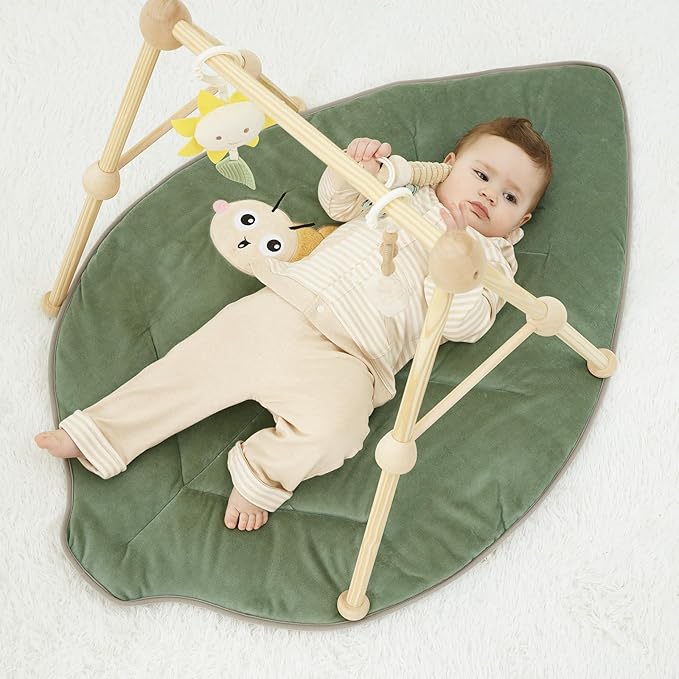 4-in-1 Wooden Baby Play Gym & Activity Mat, Soft Cotton Tummy Time Mat for Babies 0+,with 3 Detachable Toys for Sensory & Motor Skill Development,Newborn Infant Baby Essentials Gift,Leaf