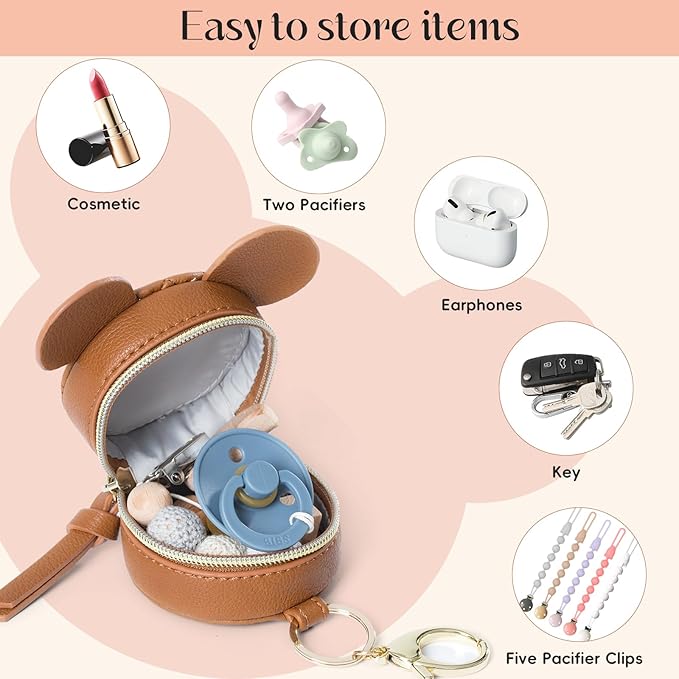 Miss Fong Pacifier Case with Clip & Cover, Holder Pod with Clasp, Holds 2 Pacifiers or Nipple Shield (Diamond Brown)