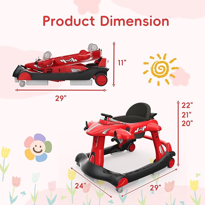 Betterhood 6-in-1 Foldable Baby Walker with Adjustable Height & Speed, Airplane-Themed Activity Push Walker with Music & Lights, Wheels, Anti-Slip Design, Suitable for Boys & Girls Aged 6-18 Months