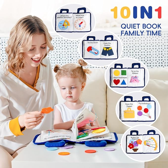 Jollybaby 10 Page Baby Soft Busy Books -My Quiet Book, Travel Toy & Montessori Sensory Educational, Preschool Learning Activities Toy for 1 2 3 Year Old Toddlers Boy Girl(Blue)