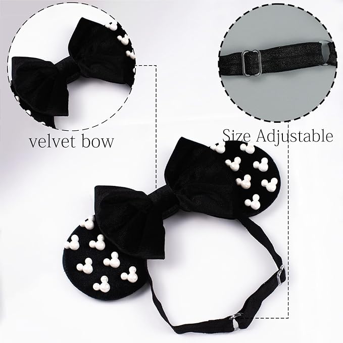 JIAHANG Adjustable Black Mouse Ear Velvet Bow Elastic Headband with Beadings, Fashion Hair Band for Baby Girls Infant Toddlers, Kids