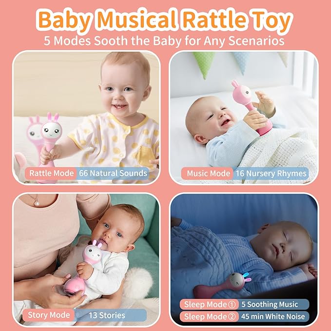 alilo Smarty Bunny Baby Rattle Musical Light Up Toys, Infants Newborns Baby Toys 0-3-6-12-18-24 Months,1 Year Old Boy Girl Easter Gifts, 4 Music Modes and Color Recognition Function with 9 Color Card