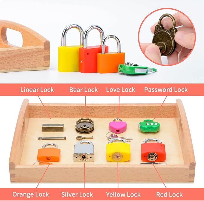 Montessori Lock and Key Set for Toddlers, Homeschool Preschool Learning Activities, Wooden Montessori Materials Learning & Education Toys for 3+ Year Old Kids