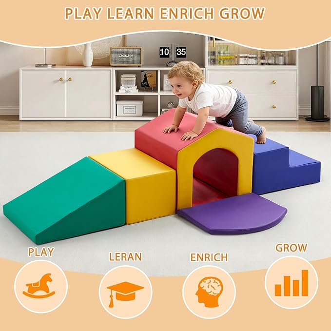 MFUN Soft Climbing Toys for Toddlers & Baby, 6-Piece Foam Climbing Blocks, Kids Playground Climbers & Play Structures, Waterproof & Easy to Clean (Red, 6-Piece)