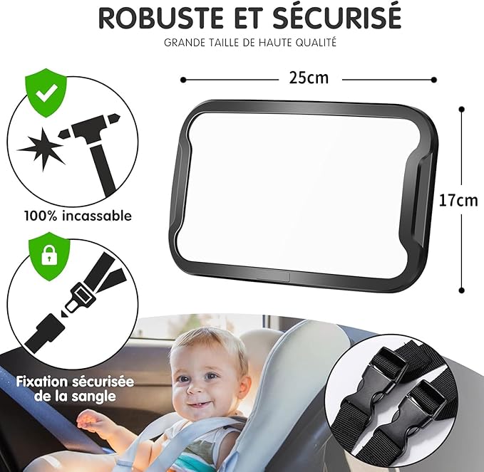Vinabo Baby Car Mirror, Shatterproof Baby Mirror, 360° Adjustable Baby Car Mirror, Baby Rear Seat Mirror, Essential Safety - Suitable for All Types of Headrests