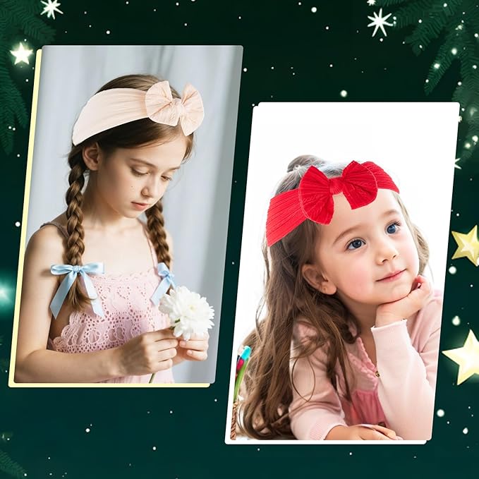 baotongle 3pcs Baby Girls Headbands Soft Stretchy Nylon Hair Bands Hair Accessories with Bows for Newborn Baby Girls Infant Toddlers Kids(Red,Green,Pink, 5.7inches)
