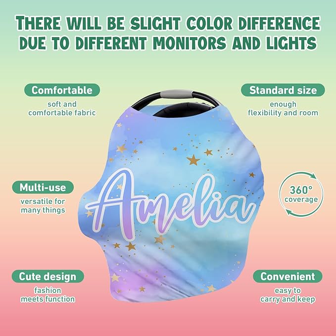 Personalised Car Seat Cover for Girls and Boys - 7 in 1 Multipurpose Breast Feeding Cover, Nursing Cover, Galaxy Star Grocery Cart Cover - Birthday Gift for Babies