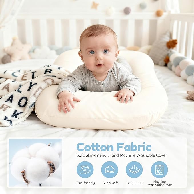 Baby Lounger & Snuggle Nest for Newborn 0-24 Months, Baby Nest Supervised Breathable Cotton for Newborn, Breathable Portable Infant Lounnger for Travel and Home, White (Lounger Cover Included