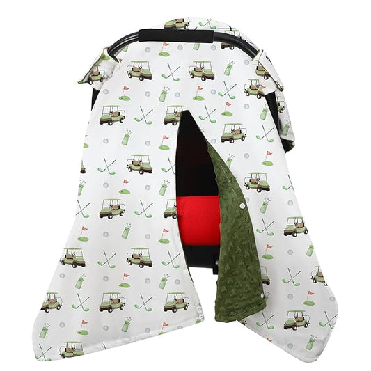 Honeydak Golf Baby Car Seat Cover Minky Infant Golf Nursing Decor Canopy Breastfeeding Blankets Peekaboo Opening Stroller Stuff for Newborn Baby Boy Girl, 27.5 x 39 Inch