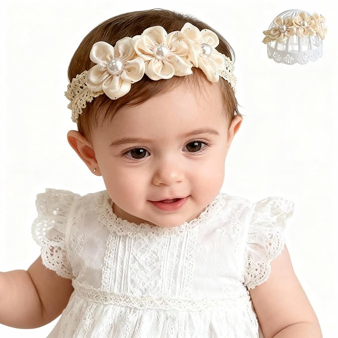 Handmade Baby Girl Headbands in Beige and Pink Lace Flowers for Newborns and Toddlers Cute Baby Girl Flowers and Newborn Headbands (Beige Pearl Flowers, One Size)