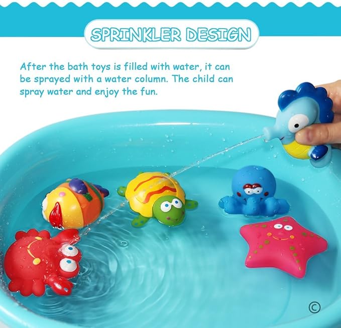 Bathtub Toys Floating Bath Toys(6PCS) with Storage Net,Baby Soft Bath Time Boat Toys,Bathtub Learning Water Toys and Bathtub Toys for Toddlers-Fish,Starfish,Sea Horses