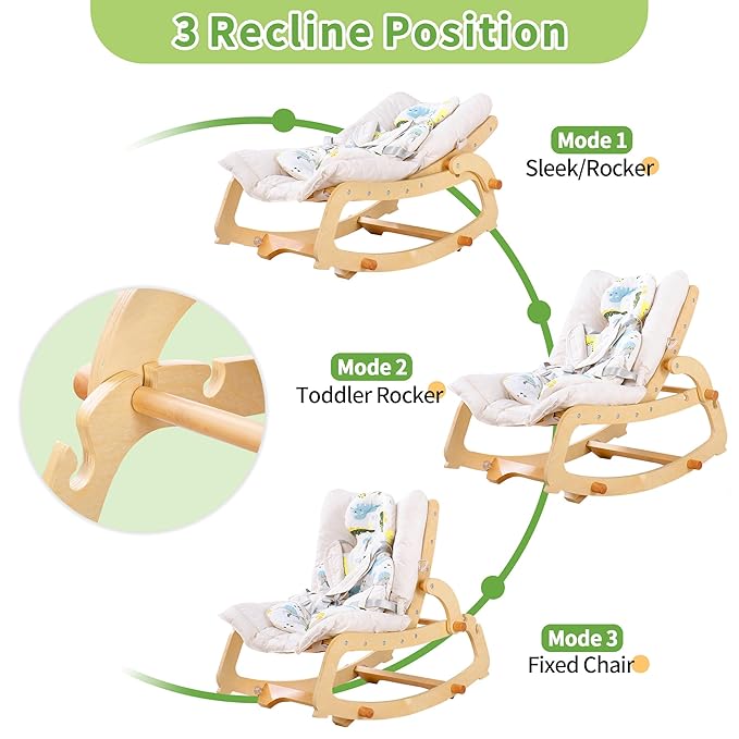 MallBest 3-in-1 Baby Rocker Chair with Double Cushions, for 0-12 Months, Adjustable Wooden Infant Rocker with Removable Cushion and 5-Point Harness for Infant to Toddler (Beige)